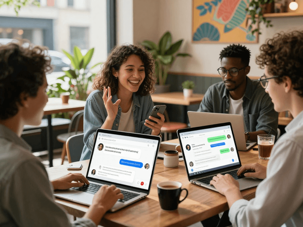 Engaging interaction with slut ai application in a vibrant café, showcasing diverse users on devices.