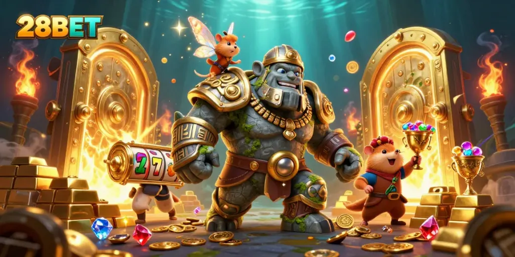 Engage with 28BET's 3D action-packed illustration of a golem guardian and magical elements.
