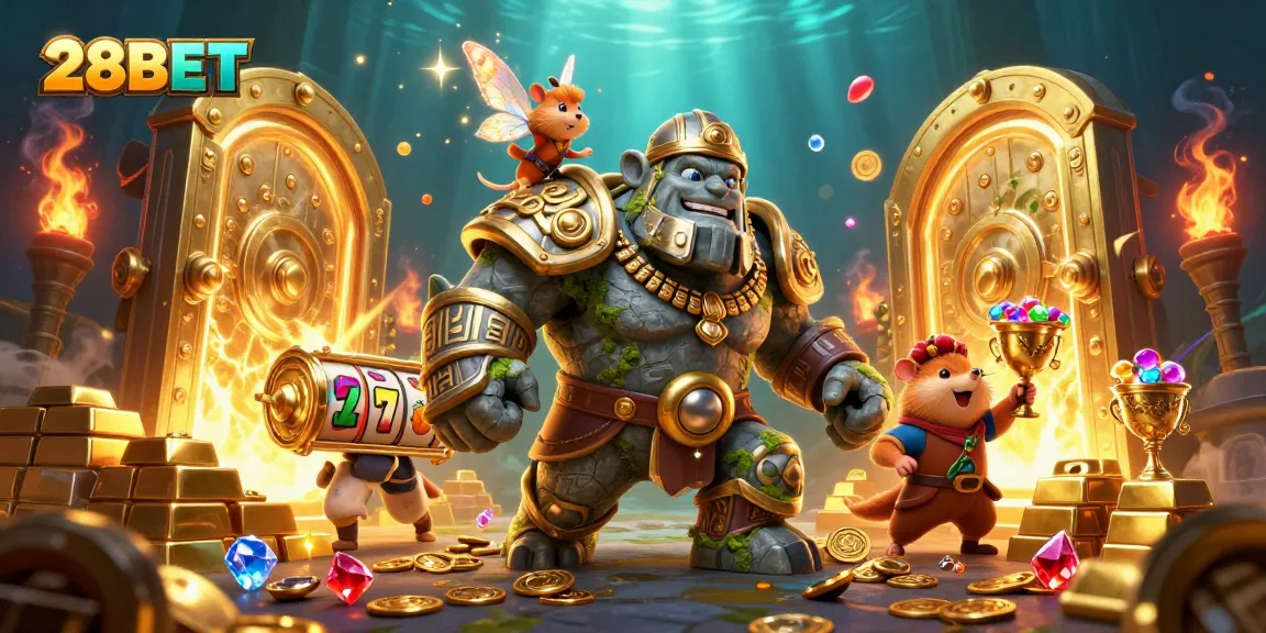 Engage with 28BET's 3D action-packed illustration of a golem guardian and magical elements.