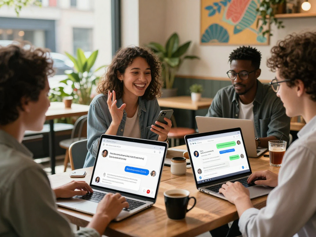 Engaging interaction with slut ai application in a vibrant café, showcasing diverse users on devices.