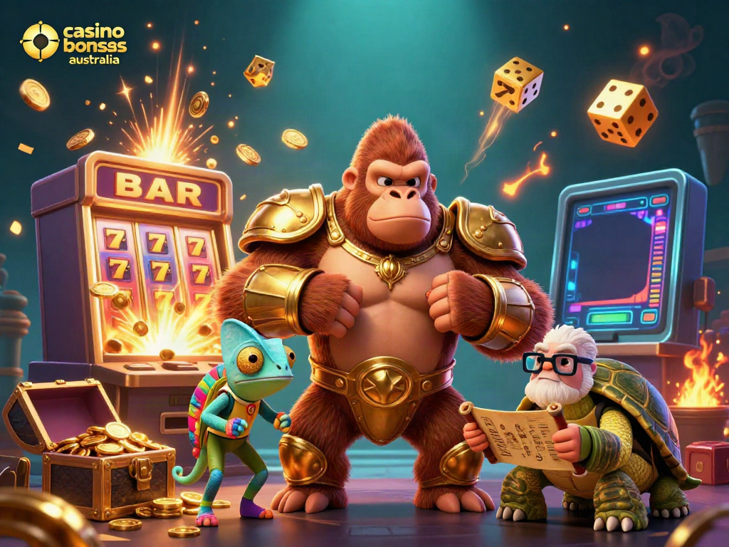 Unlock thrilling casino bonuses australia with powerful characters in an exciting gaming illustration.