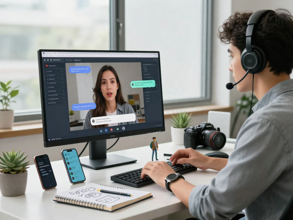 A professional engaged in spicy AI chat using advanced technology in a modern workspace.