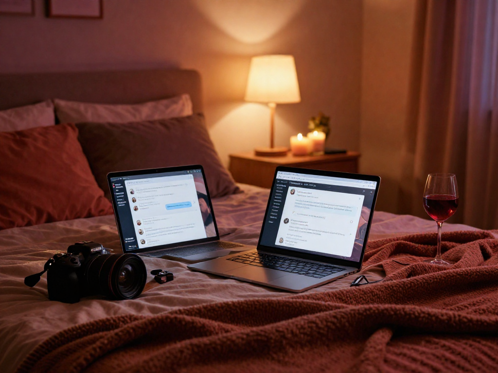 A cozy bedroom scene showcasing ai sex chat on a laptop with soft lighting and intimate decor.
