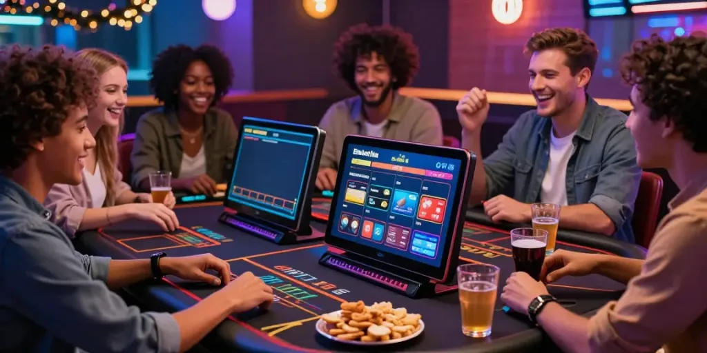 Friends enjoying a night at a credit card casino, celebrating with drinks and snacks.