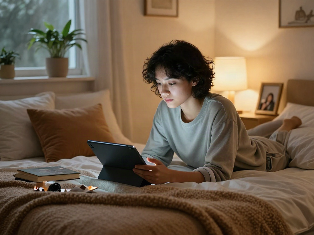 Engaging in an AI NSFW chat in a cozy bedroom setting with soft lighting.