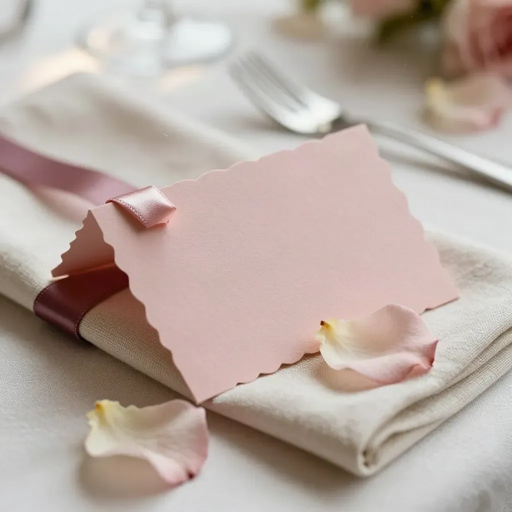 Cartoncino nozze rosa, nastro in raso e petalo su lino, con luce soffusa.
