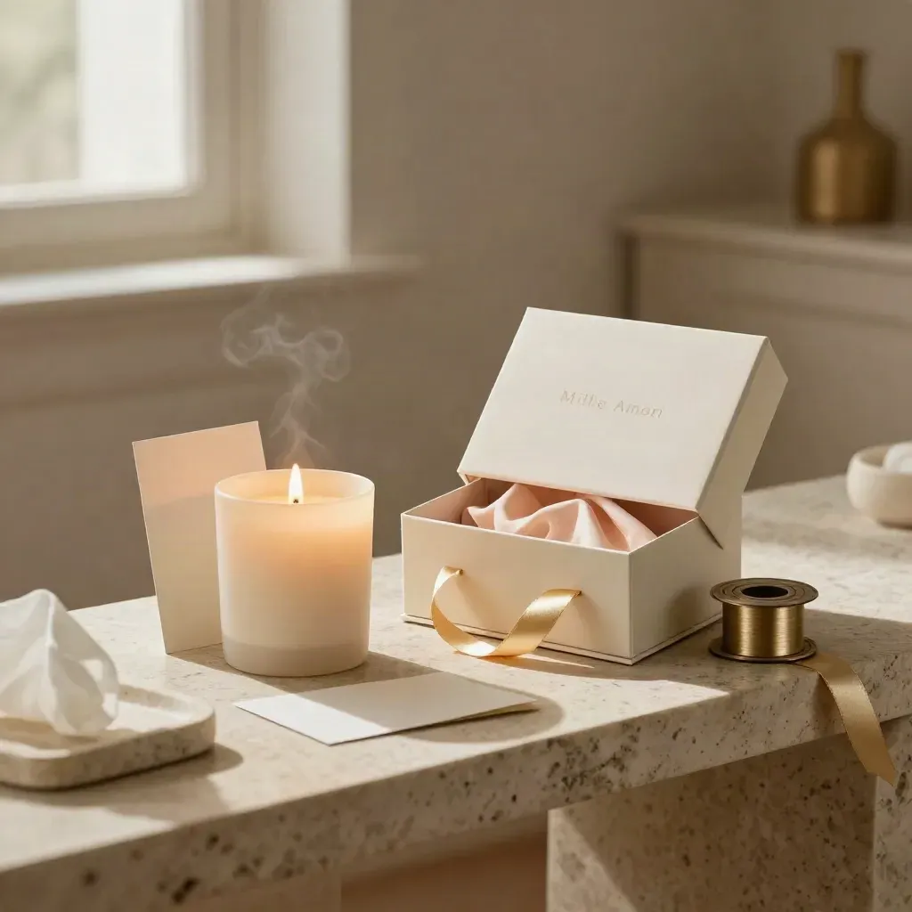 Set regalo romantico con candela avorio, cofanetto crema, card piegata e nastro oro su console in travertino.