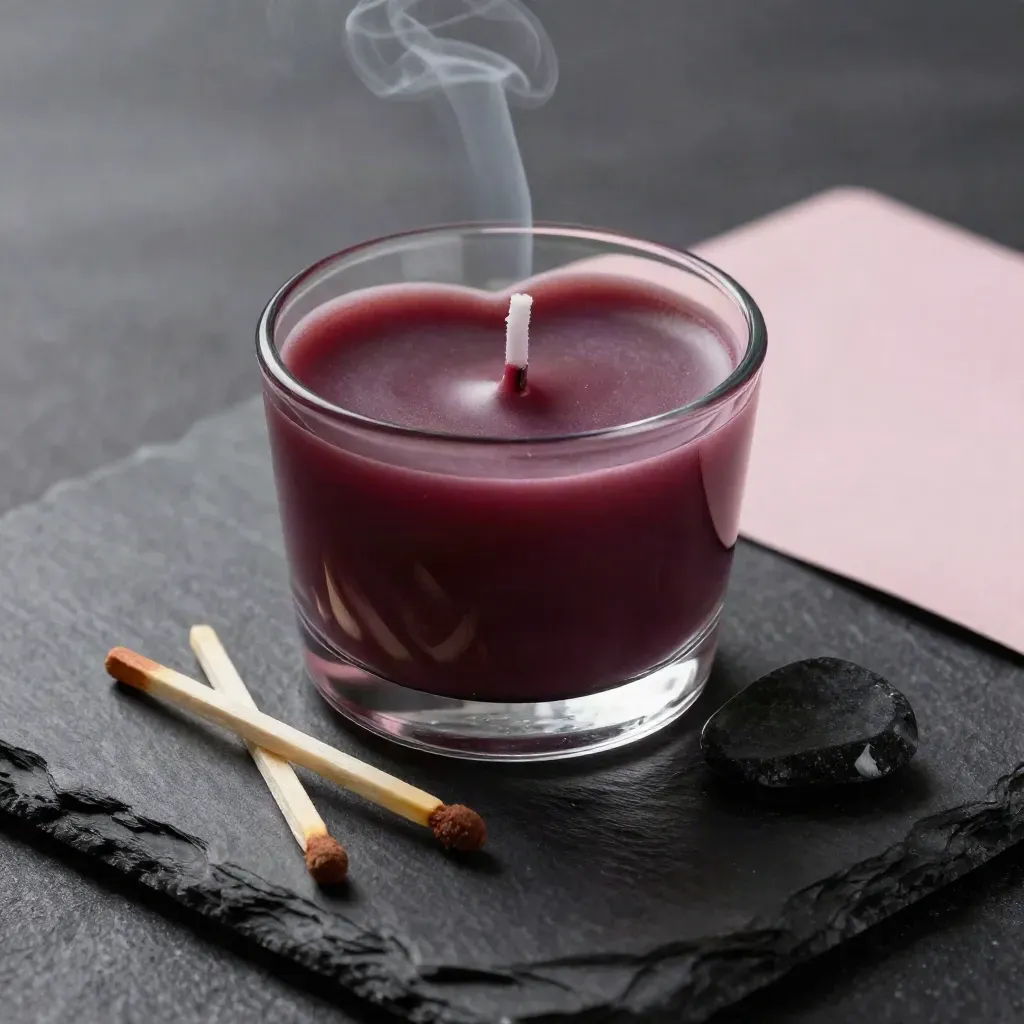 Candela a cuore borgogna su pietra bagnata con fumo lieve, fiammiferi e riflesso cipria.
