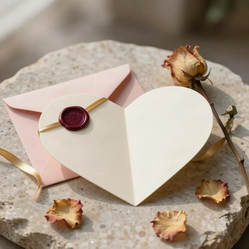 Biglietto a cuore avorio con busta rosa, sigillo borgogna e nastro oro su pietra chiara.