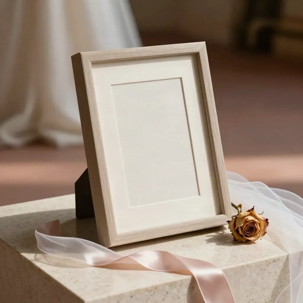 Cornice nuziale in legno chiaro con rosa secca e nastro cipria su travertino.