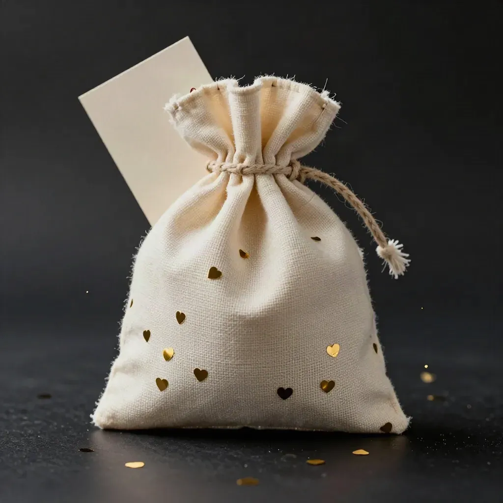 Sacchetto in cotone con coriandoli a cuore dorati e cartoncino su fondo nero