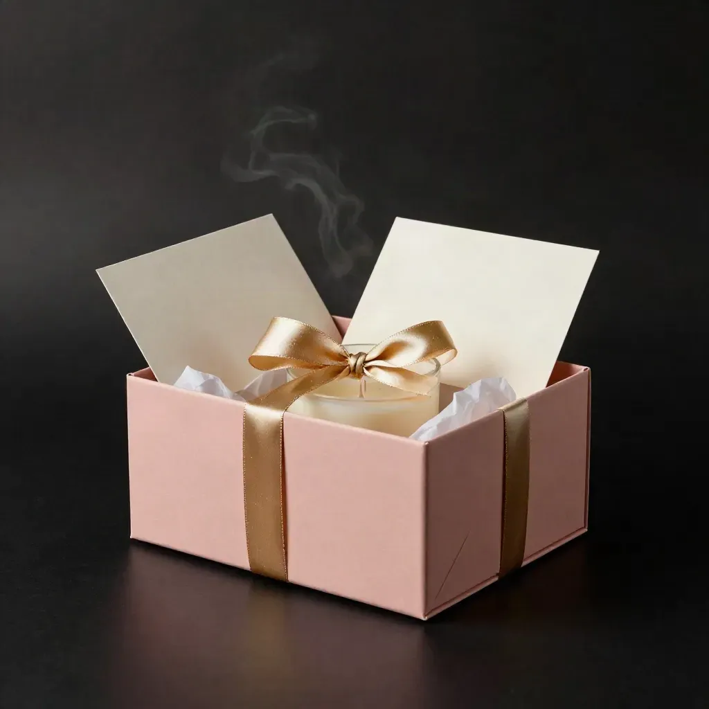 Set regalo nozze rosa cipria con candela, biglietto e segnaposto in scatola aperta.