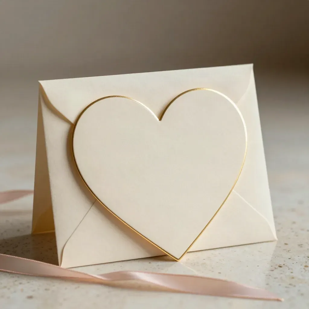 Biglietto a cuore dorato con busta crema e nastro cipria su travertino, luce soffusa.