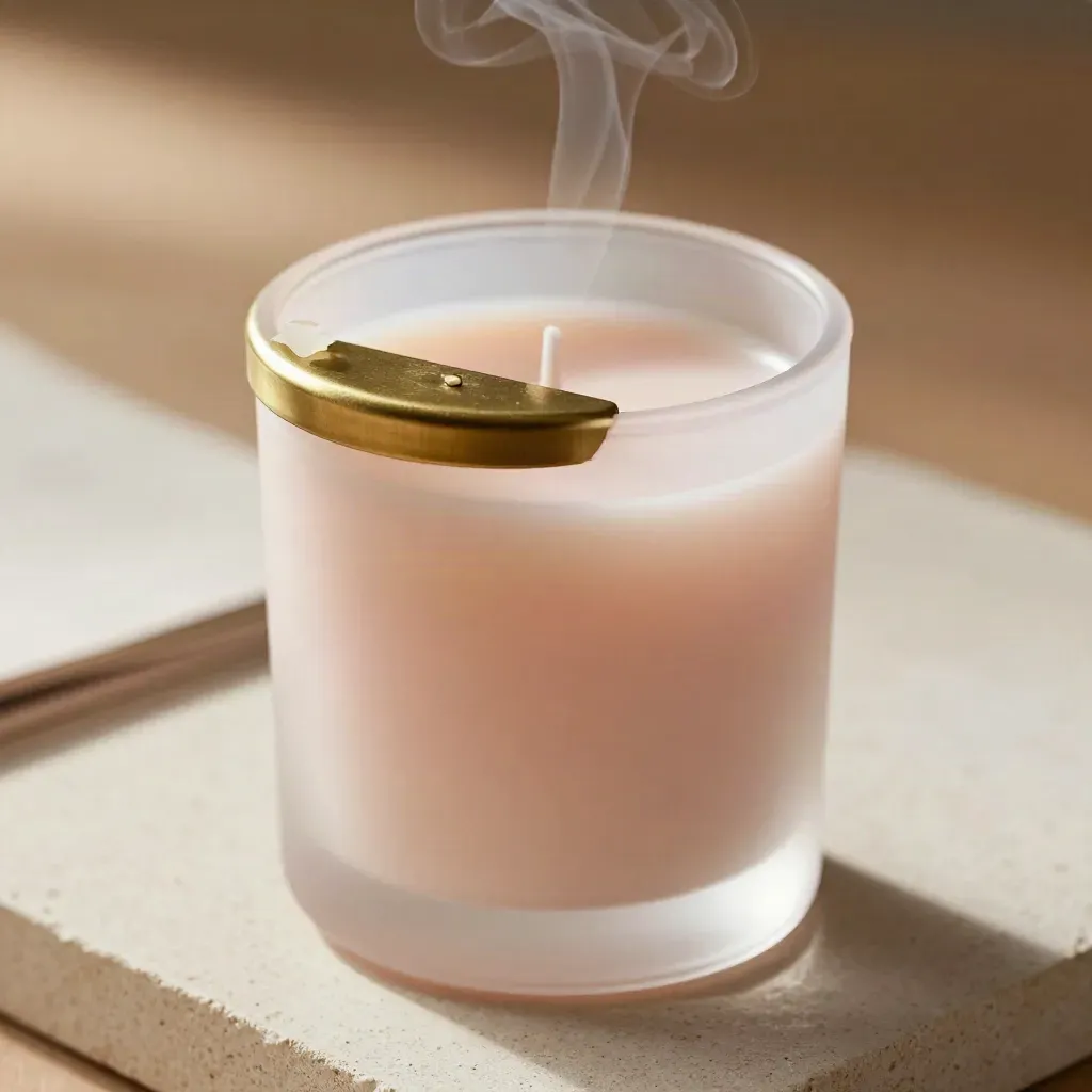 Candela rosa in vetro satinato con coperchio in ottone e lieve scia profumata