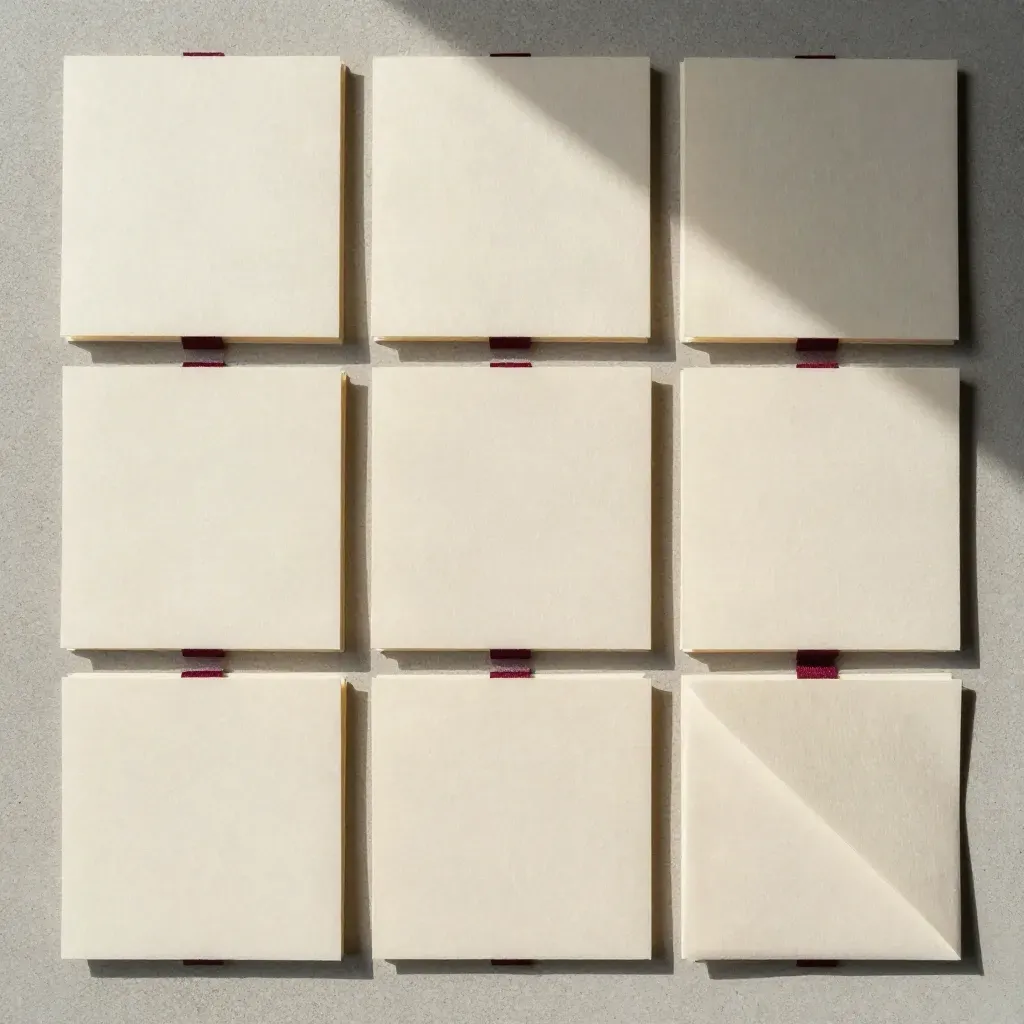 Segnaposto avorio a ventaglio con fascia lino e sleeve piegato su cemento chiaro.