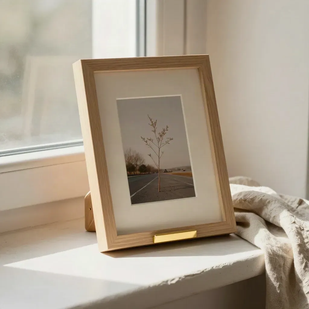 Cornice in legno chiaro appoggiata su lino piegato con stelo secco, luce calda e atmosfera morbida.