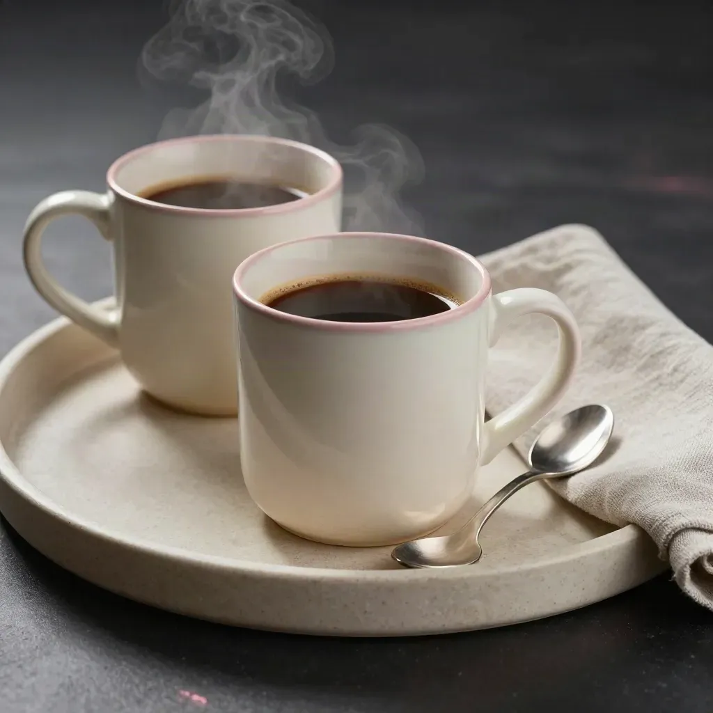 Due tazze da colazione con cucchiaino, vassoio in pietra e tovagliolo di lino, luce soffusa.