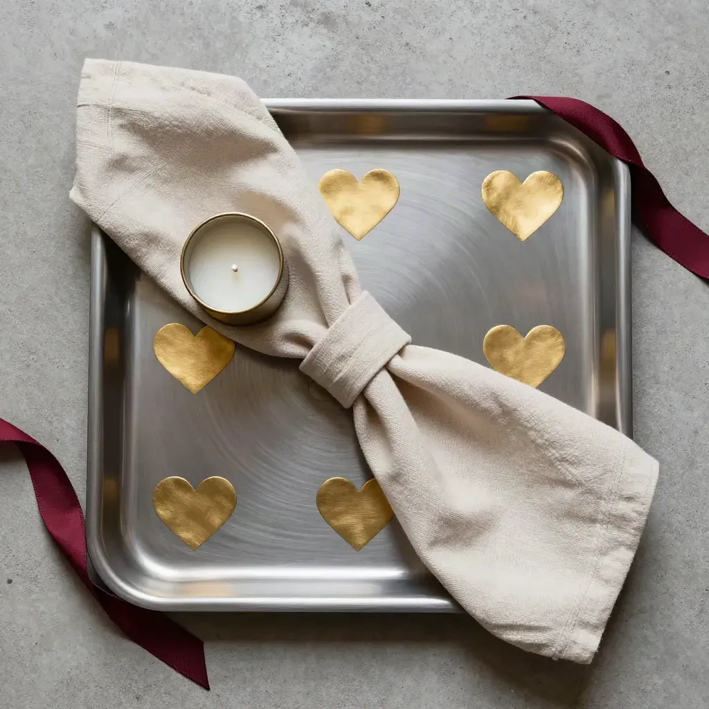 Vassoio in metallo con cuori dorati, tovagliolo piegato e portacandela su pietra.