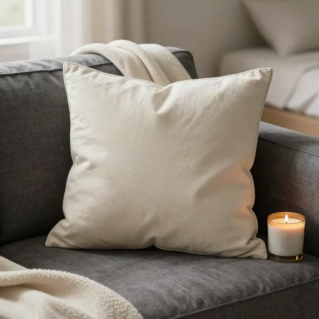 Cuscino in cotone morbido con plaid piegato e candela in ceramica, luce calda e atmosfera accogliente.
