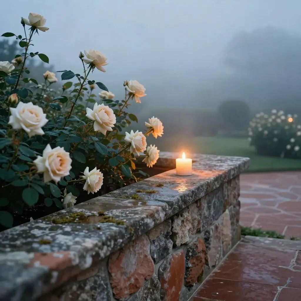 Terrazza in pietra con rose rampicanti e candele nella nebbia del mattino