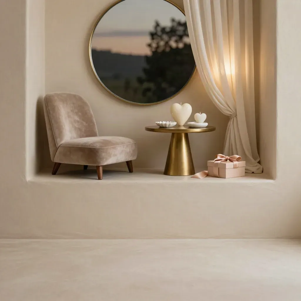 Alcova crema con sedia in velluto, specchio in ottone, tende velate e keepsake romantici.