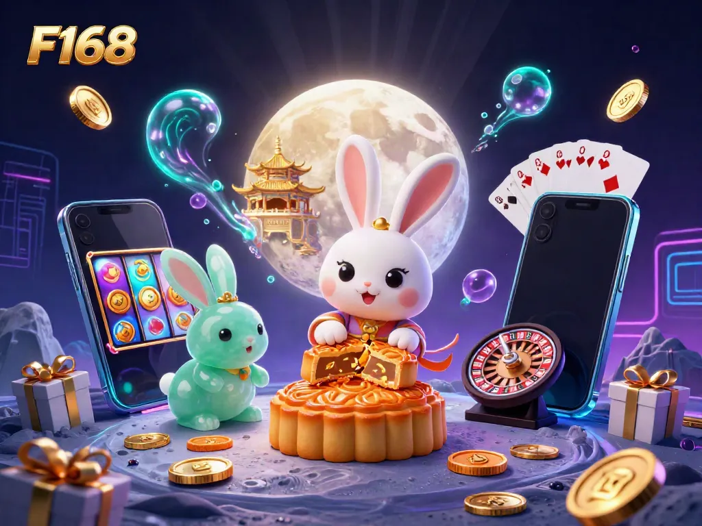 Experience F168 with a vibrant 3D scene of a moon rabbit and slot games, showcasing exciting casino elements.