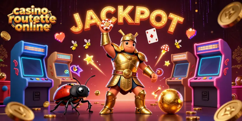 Engaging scene showcasing casino roulette online with cartoon beetles celebrating and glowing gaming elements.