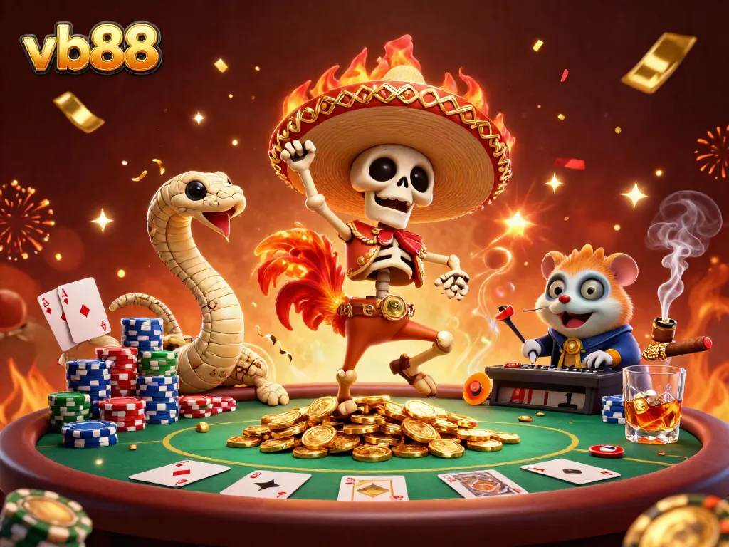 Experience the thrilling excitement of vb88's gaming realm with dynamic casino characters and vibrant elements.