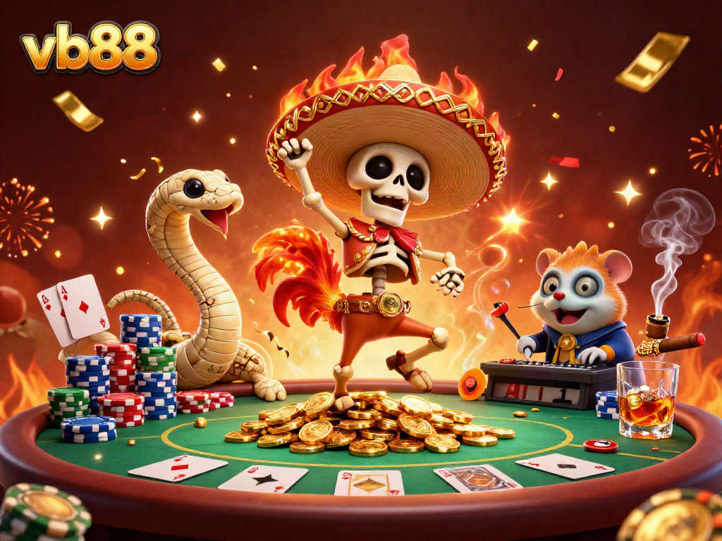 Experience the thrilling excitement of vb88's gaming realm with dynamic casino characters and vibrant elements.