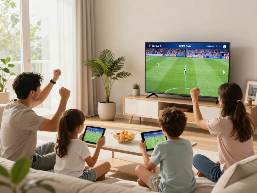 Family watching IPTV Italia with excitement while relaxing in a bright living room.