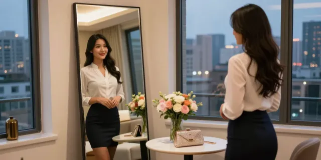 Beautiful escort preparing for a night out, showcasing נערות ליווי ברמת גן in a captivating urban setting.