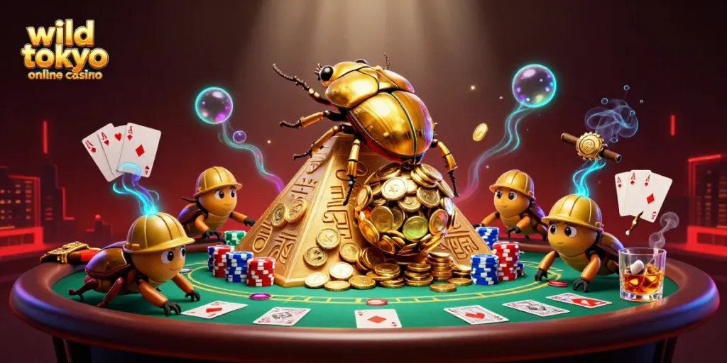 Experience the thrill at wild tokyo online casino with golden coins rolling, poker excitement, and vibrant imagery