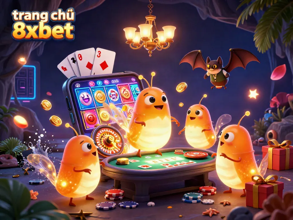 Experience the excitement of trang chủ 8xbet with glowworms lighting up a vibrant cave casino scene.