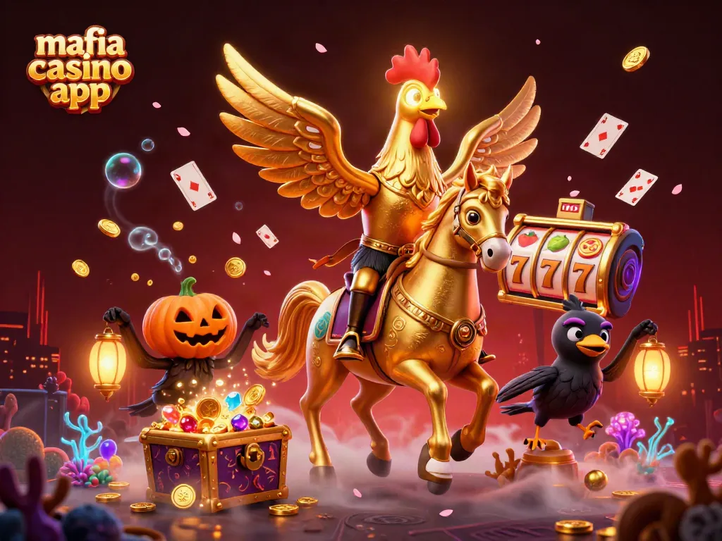 Engage with the mafia casino app through a vibrant casino scene featuring a dynamic golden rooster